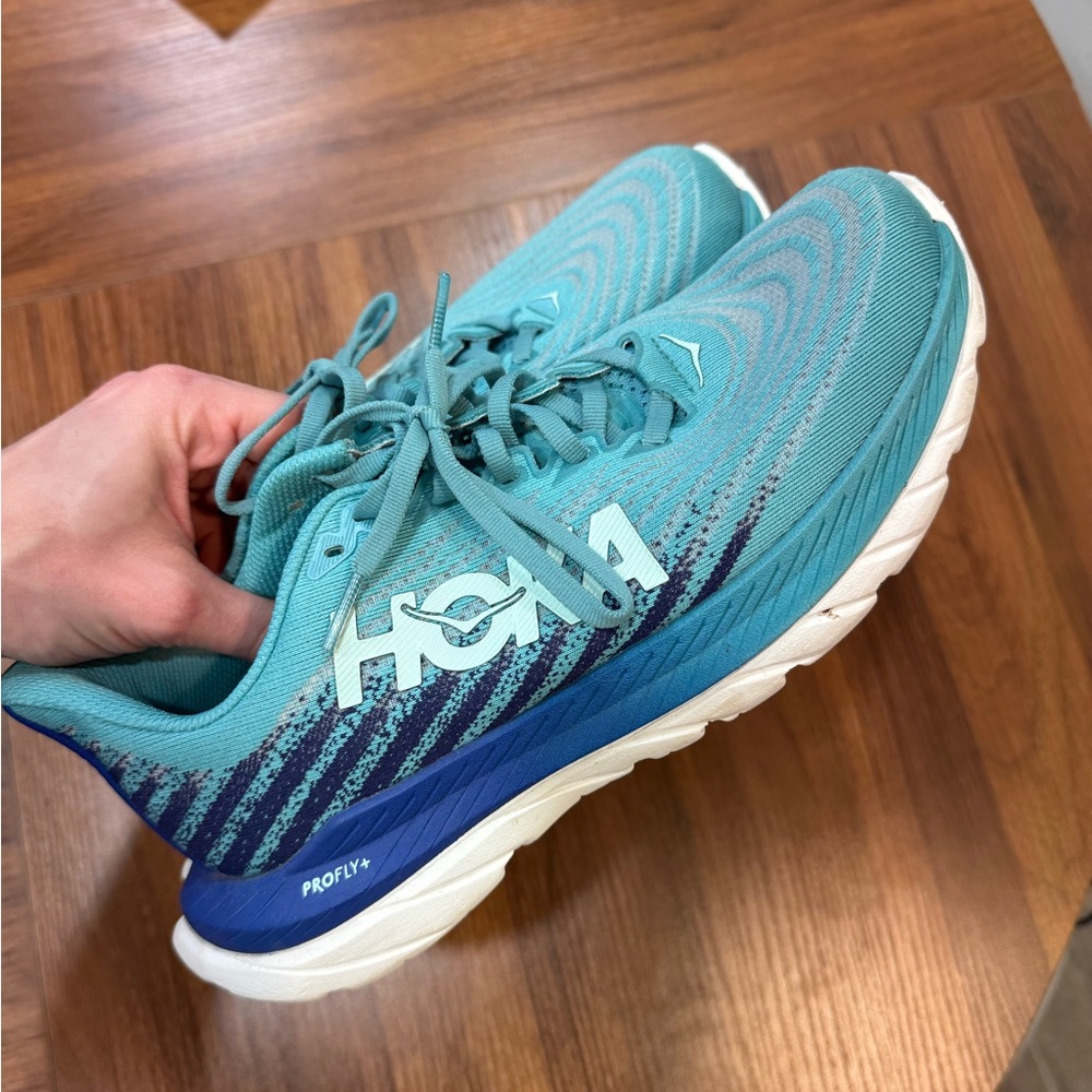 Hoka Aqua and Navy Athletic Shoes